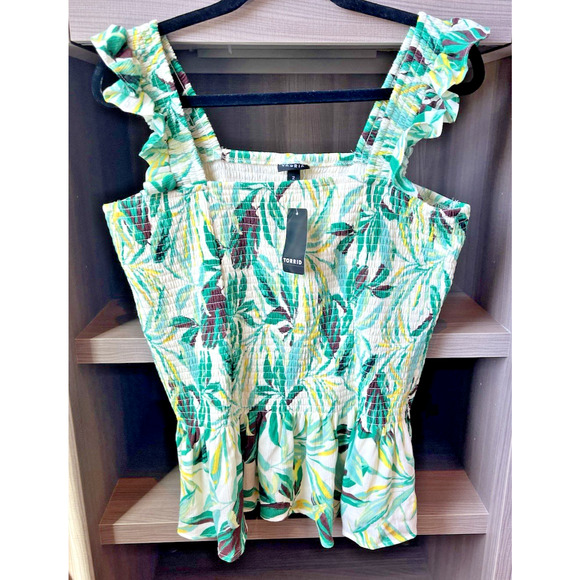 Torrid Womens SZ 2X Teal Smocked Top NEW Ruffle Peplum Tank Boho Tropical Floral - Picture 1 of 9